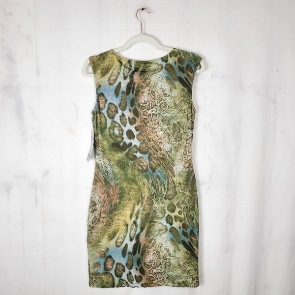 Samuel Dong Y2k Green Pink Roses Animal Print Pleated Fanned Fitted Midi Dress - Picture 2 of 10